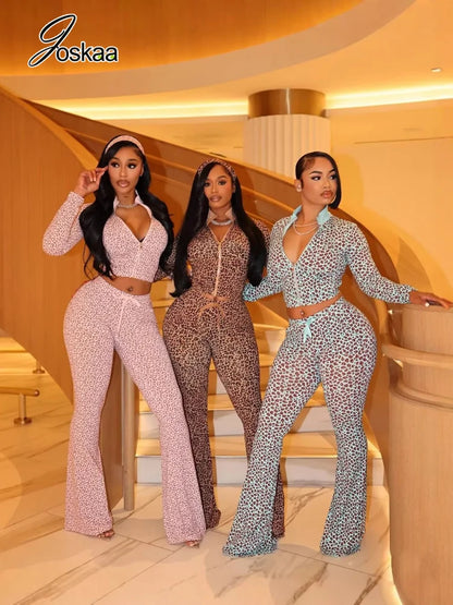 Women's Leopard Print Long Sleeve Crop Two Piece Set – Women's Fashion Wholesale – Front View