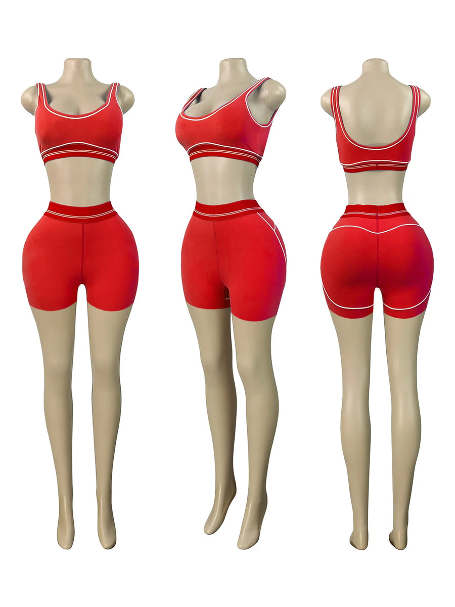 Women's Crop Color Contrast Line Two Piece Set