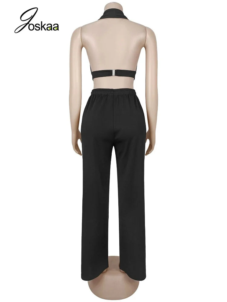 Women's Backless Halter Crop Two Piece Set Black – Detail View