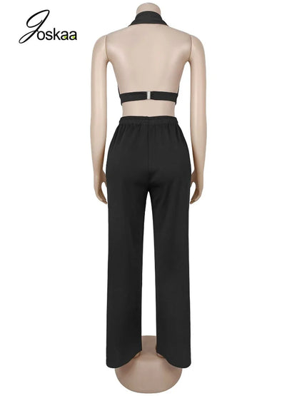 Women's Backless Halter Crop Two Piece Set Black – Detail View