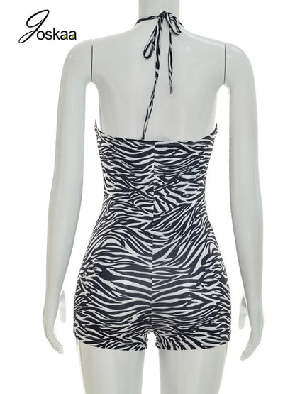 Women's Zebra Print Striped V-neck Halter Romper - Detail View 4
