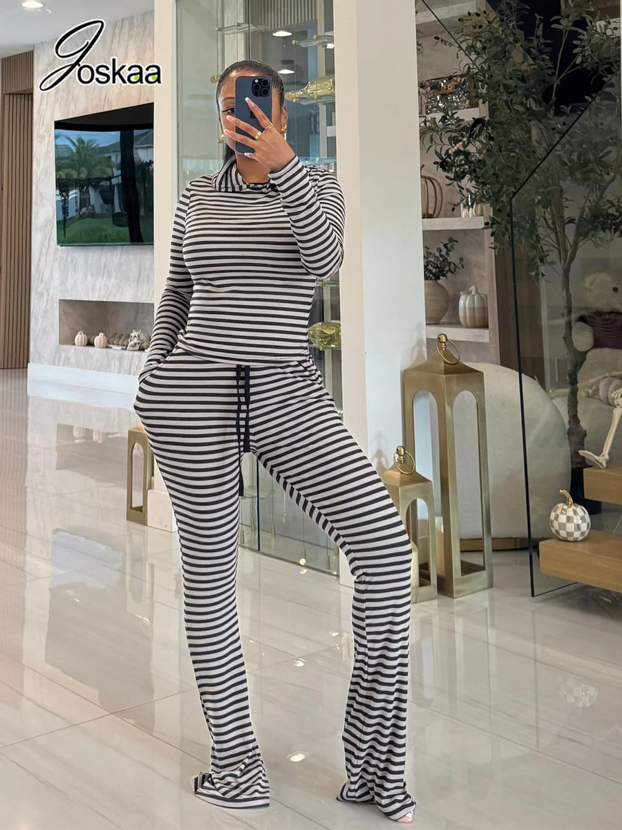 Women's Striped Long Sleeve Wide Leg Two Piece Set - Model Wearing Style