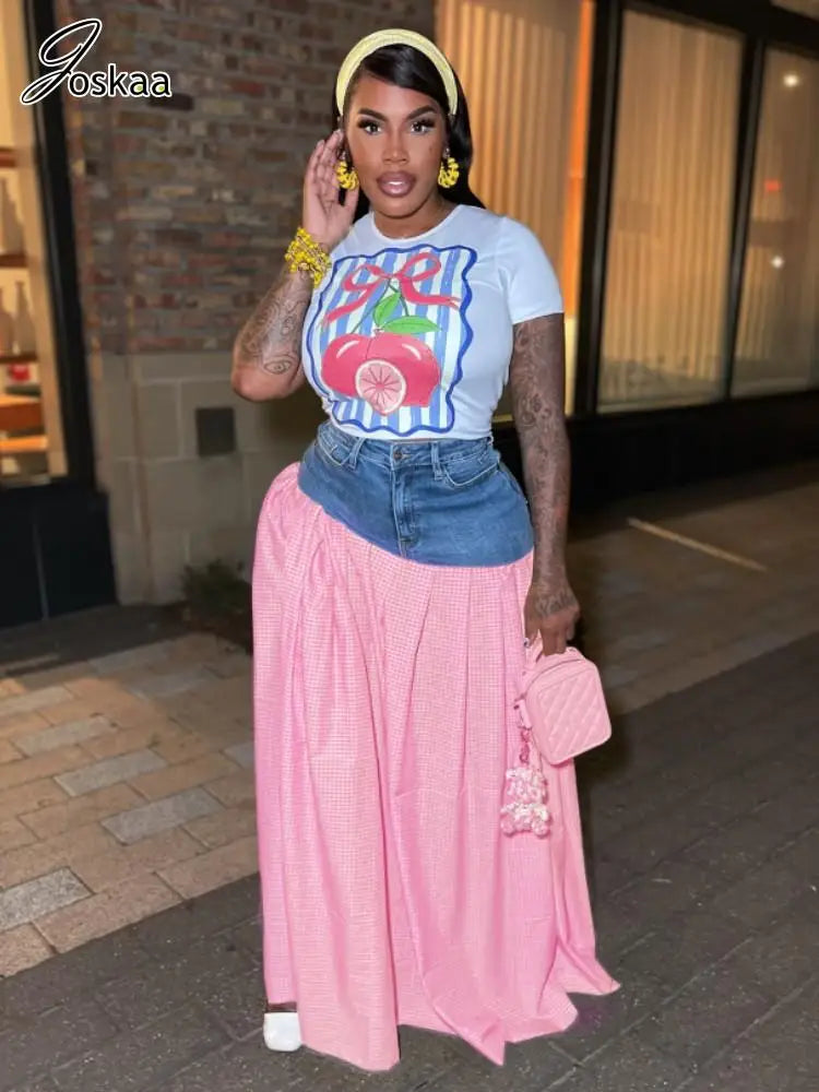 Women's Denim Short Sleeve Crop Two Piece Set Pink – Front View
