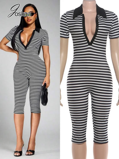 Women's Striped V-neck Bodycon Romper - Women's Fashion Wholesale - Front View