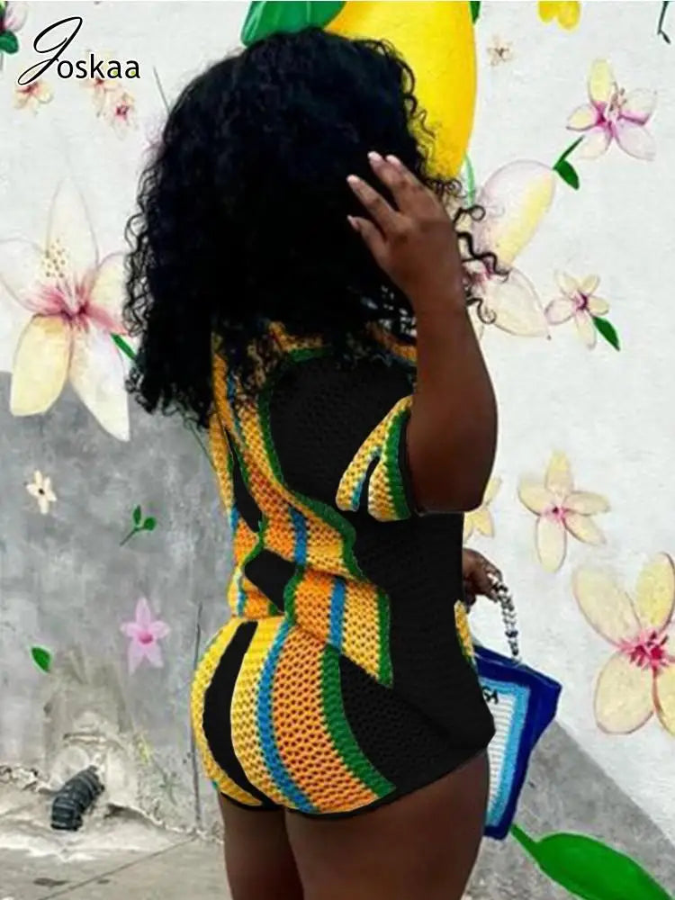 Women's Stripe Knit Short Sleeve Two Piece Set Yellow – Back View