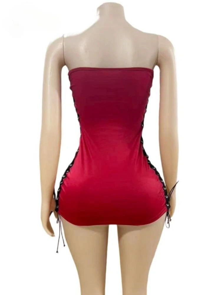 Women's Cutout Strapless Aesthetic Side Mini Dress Black – Detail View