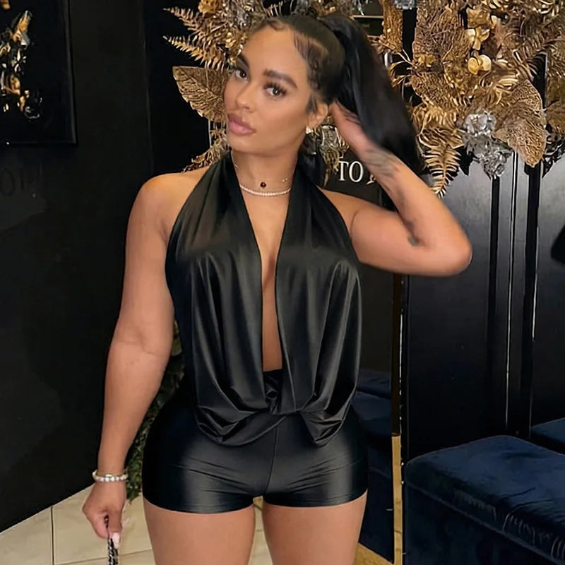 Women's Ruched Backless Halter Sleeveless Romper