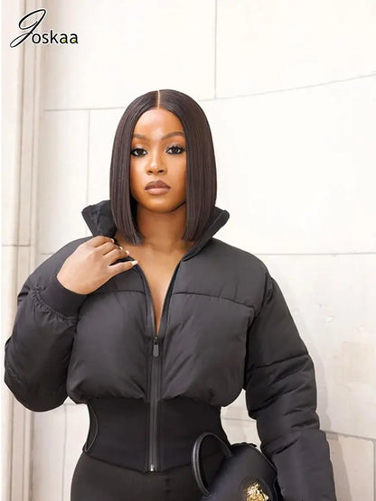 Women's Long Sleeve Zip Black Puffer Jacket Black – Front View