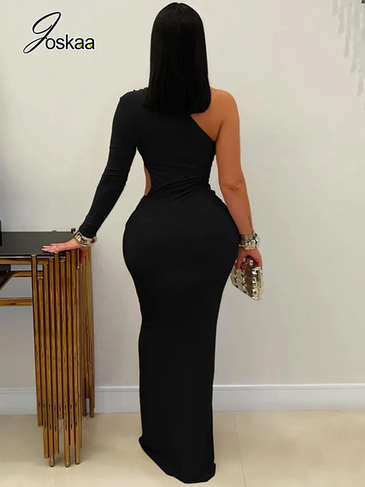 Women's Cutout One Shoulder Bodycon Maxi Dress Apricot – Front View