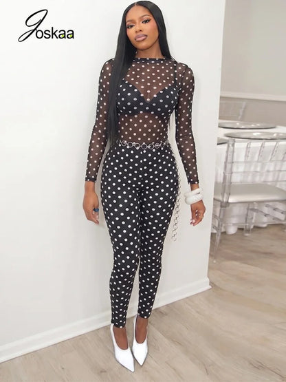 Women's Mesh Long Sleeve High Waist Two Piece Set Black White Dot – Front View