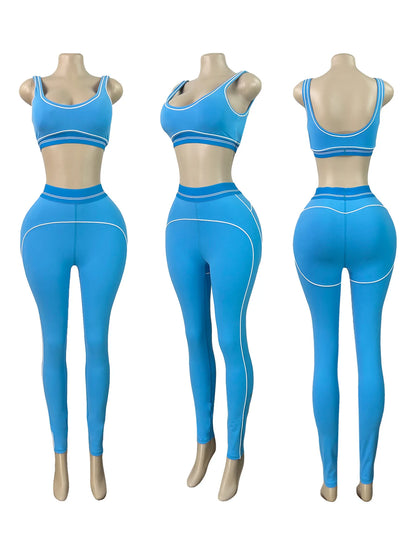 Women's Crop Color Contrast Line Two Piece Set