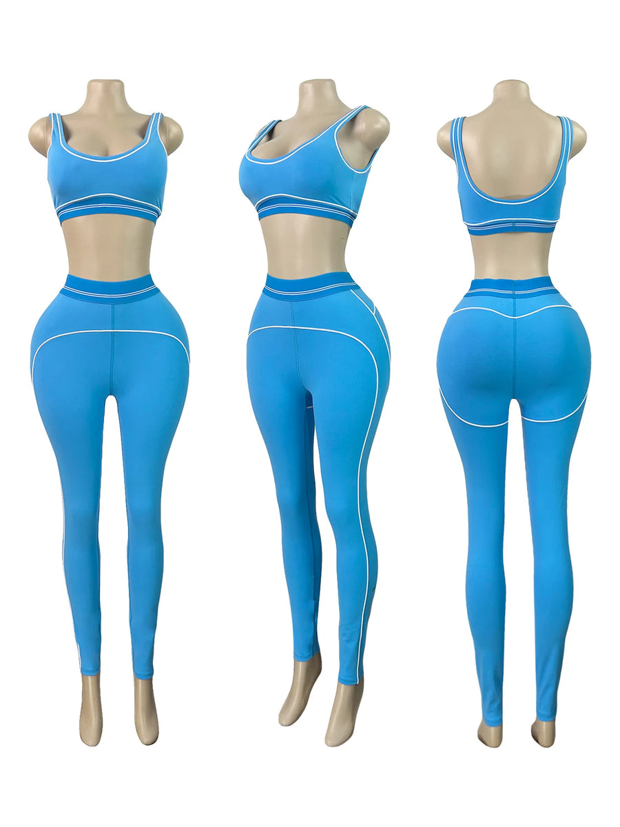 Women's Crop Color Contrast Line Two Piece Set