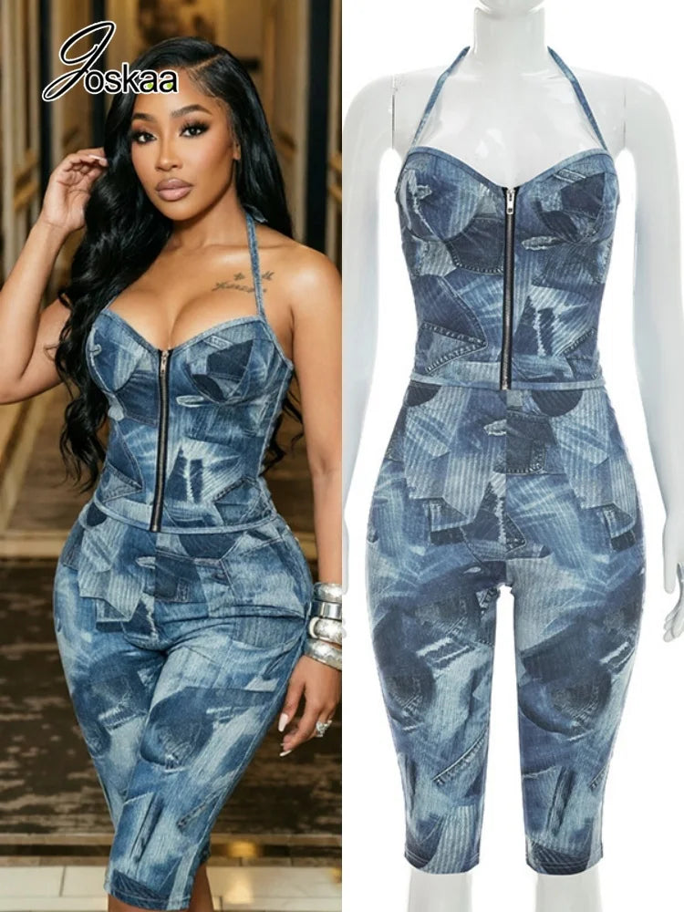 Women's Denim Print Halter Zip Up High Waist Two Piece Set - Women's Fashion Wholesale - Front View