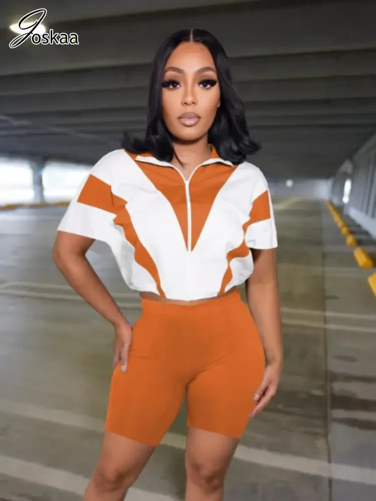 Women's Short Sleeve Crop Zip Two Piece Set Orange – Side View