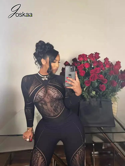 Women's Cutout Long Sleeve Bodycon Romper Black – Front View