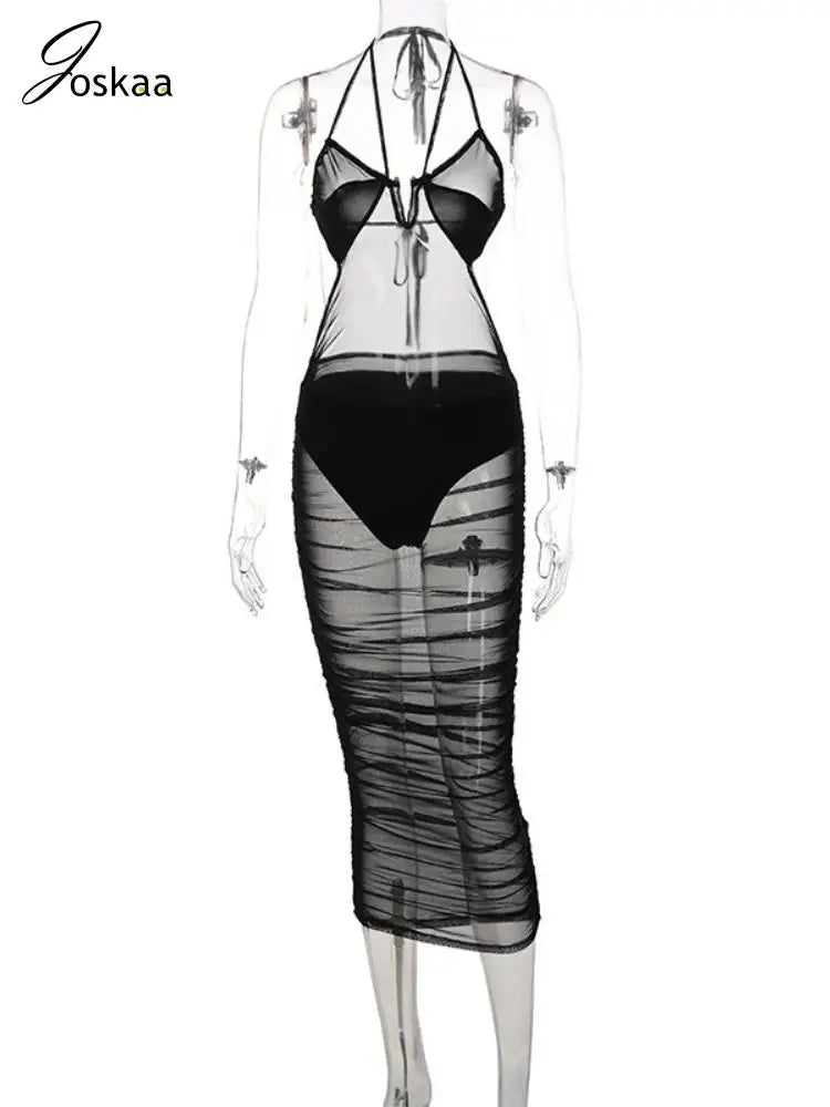 Women's Mesh Backless Halter Black Body-shaping Vestidos Dress Black – Back View