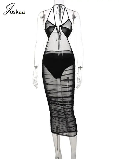 Women's Mesh Backless Halter Black Body-shaping Vestidos Dress Black – Back View