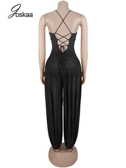 Women's Mesh Lace V-neck Sleeveless Romper - Detail View