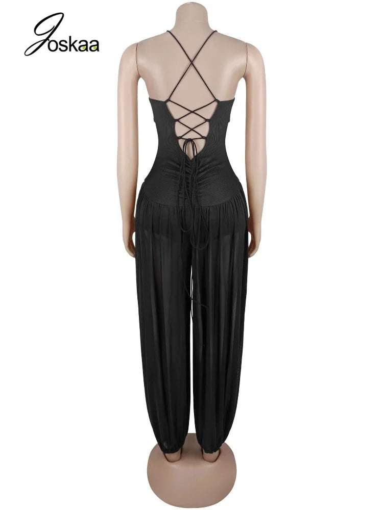 Women's Mesh Lace V-neck Sleeveless Romper - Detail View