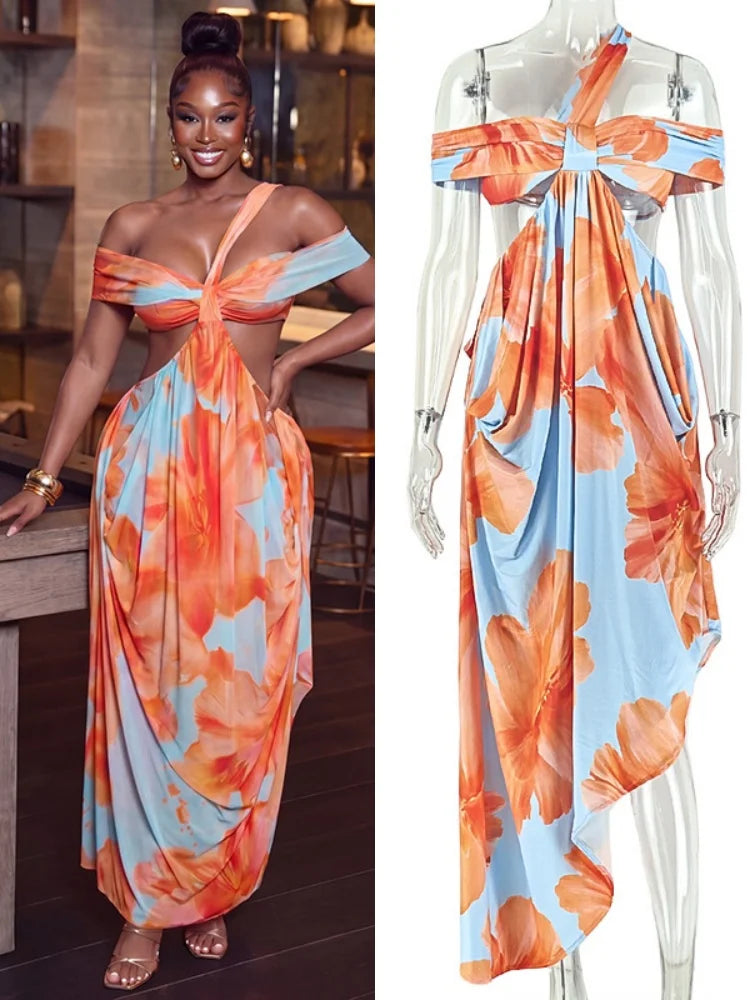 Women's Floral Print Backless Cutout One Shoulder Bodycon Dress - Detail View 7