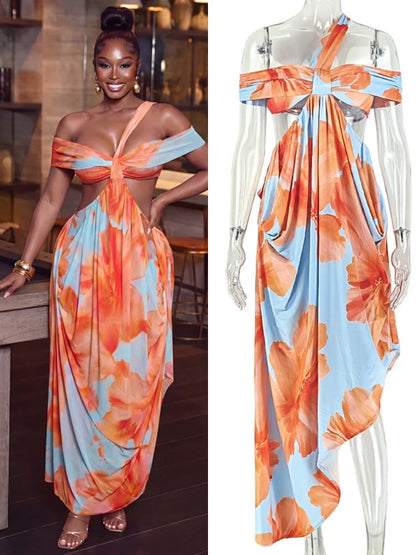 Women's Floral Print Backless Cutout One Shoulder Bodycon Dress - Detail View 7