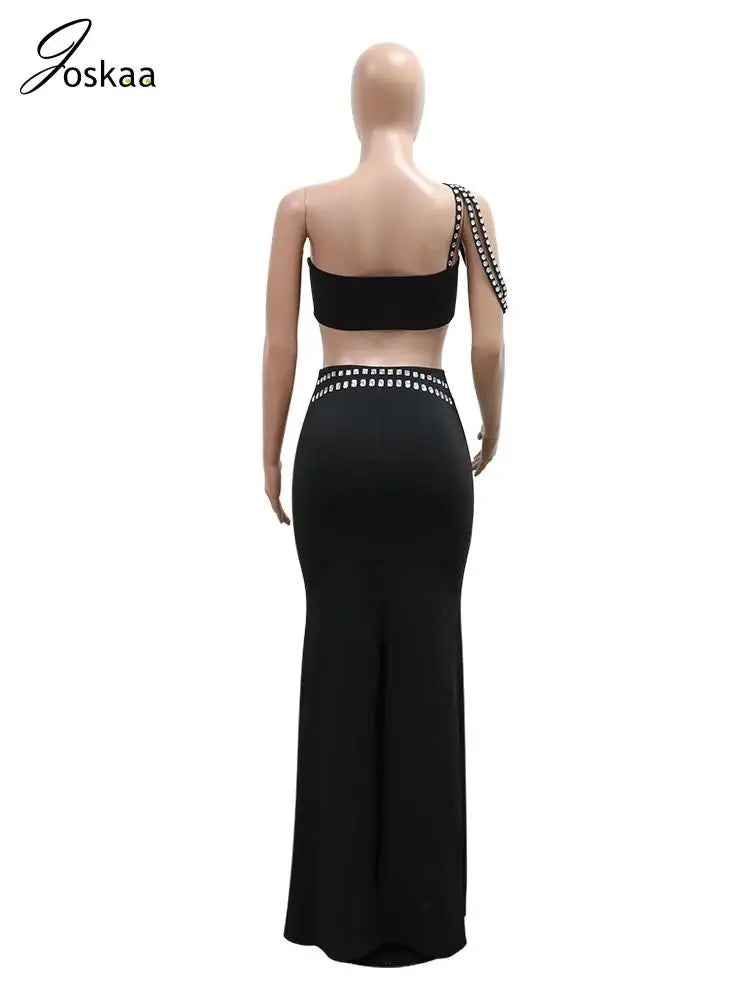 Wholesale Women's Rhinestone Maxi Two Piece Set Black – Detail View