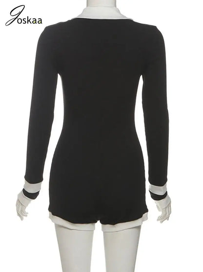 Women's Knit Long Sleeve Bodycon Ribbed Romper Black – Detail View
