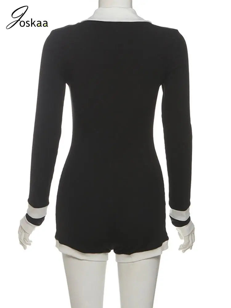 Women's Knit Long Sleeve Bodycon Ribbed Romper Black – Detail View