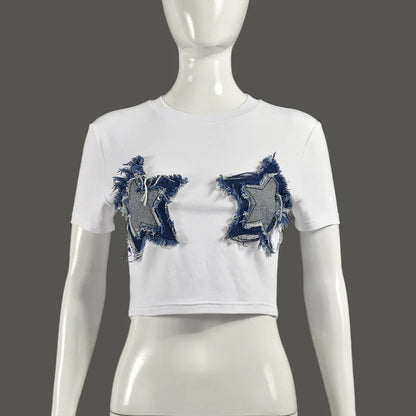 Women's Short Sleeve Five-pointed Star Patchwork Top