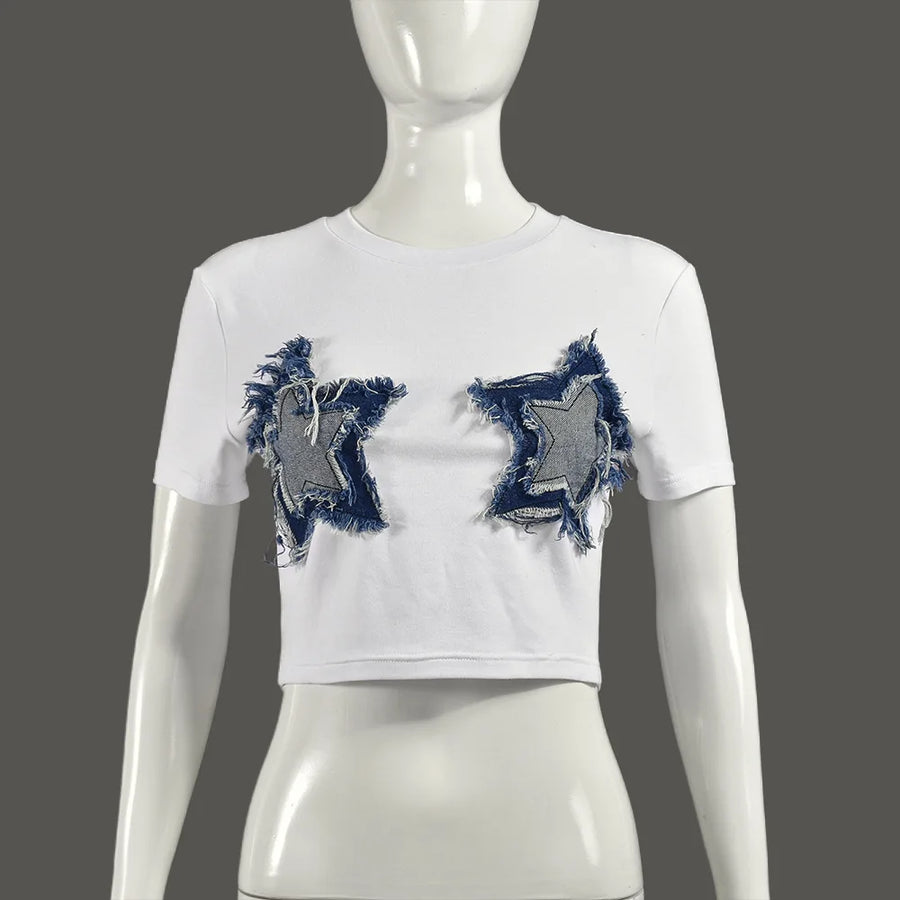 Women's Short Sleeve Five-pointed Star Patchwork Top