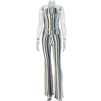 Women's Stripe Backless Halter Two Piece Set