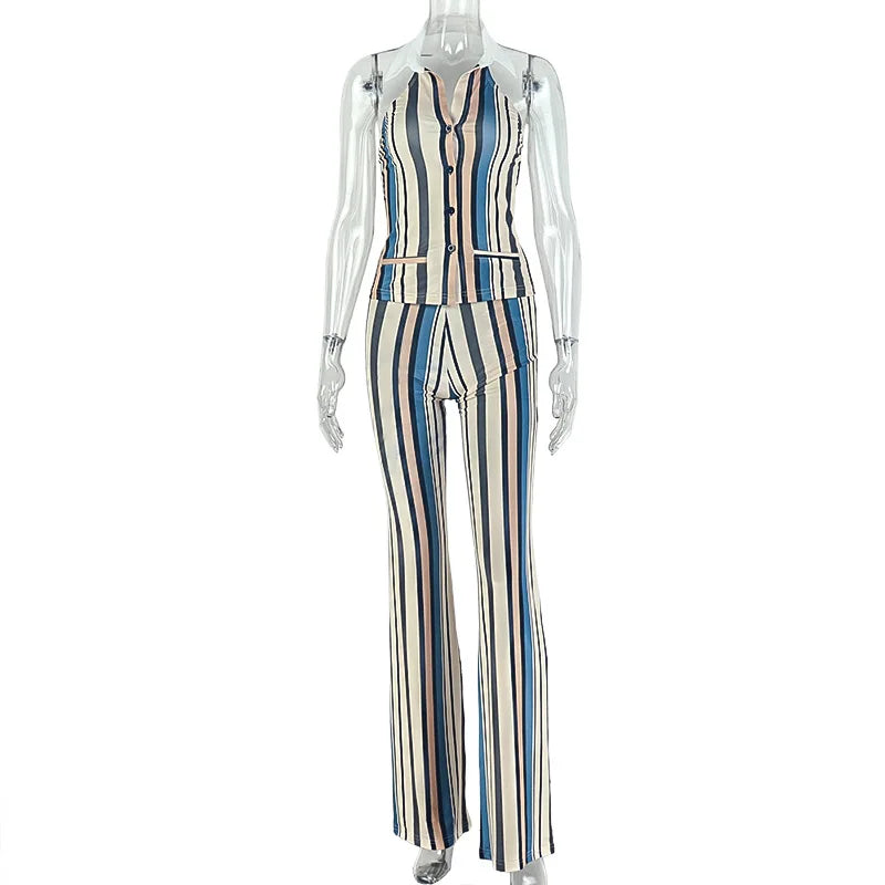 Women's Stripe Backless Halter Two Piece Set