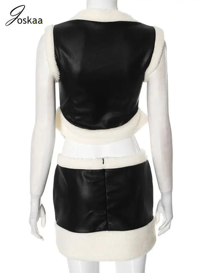 Women's Faux Leather Mini Zip Two Piece Set Black – Detail View