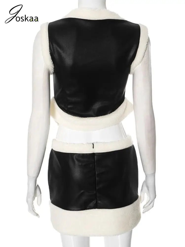 Women's Faux Leather Mini Zip Two Piece Set Black – Detail View