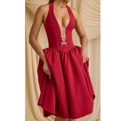 Women's Backless Halter Bow Puffy Deep Dress