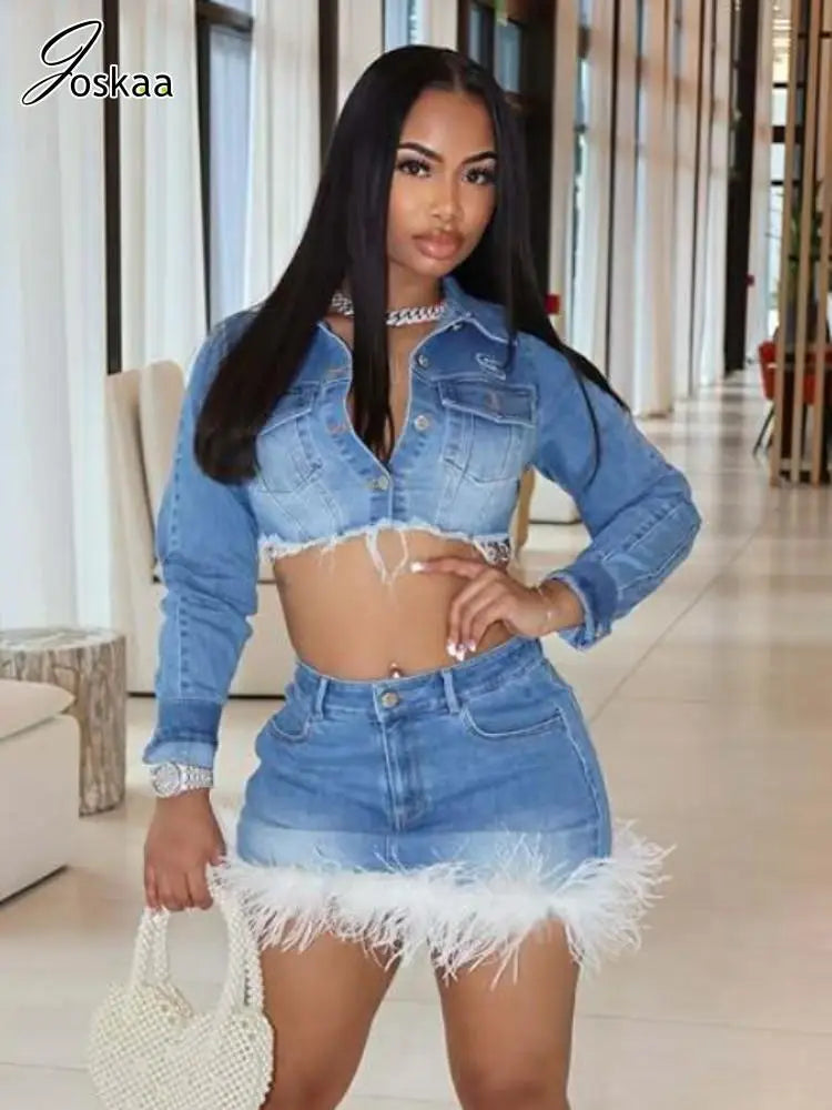 Women's Denim Long Sleeve Crop Two Piece Set – Women's Fashion Wholesale – Front View
