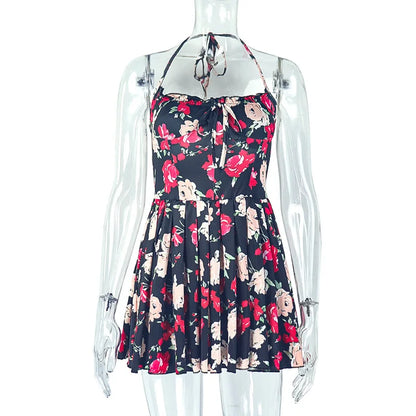 Women's Floral Print Backless Halter Mini Dress
