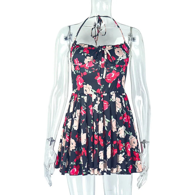 Women's Floral Print Backless Halter Mini Dress