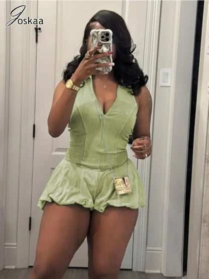 Women's Sleeveless Bodycon Sporty Bubble Romper Sky Blue – Back View