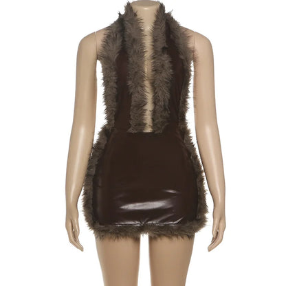 Women's Faux Leather Backless Halter Mini Dress