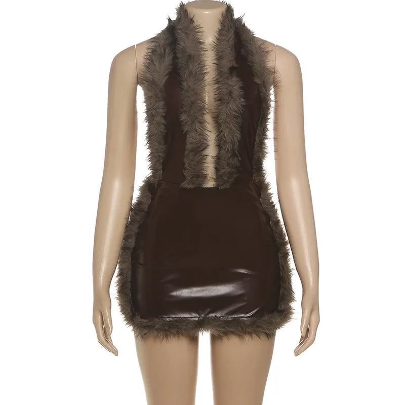 Women's Faux Leather Backless Halter Mini Dress