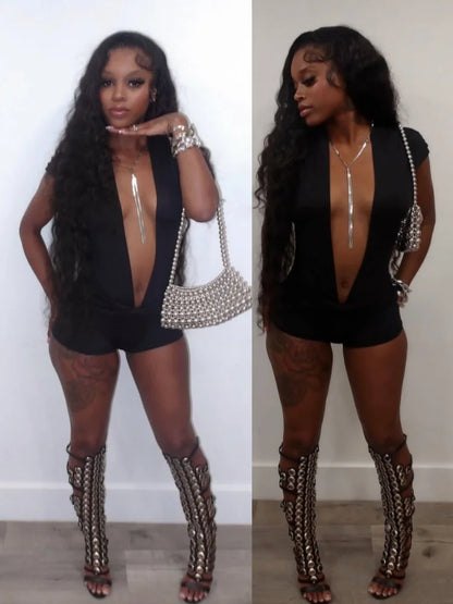 Women's Short Sleeve V-neck Bodycon Romper - Front View