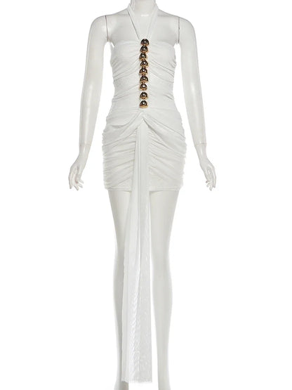 Women's Mesh Lace Ruched Backless Mini Dress