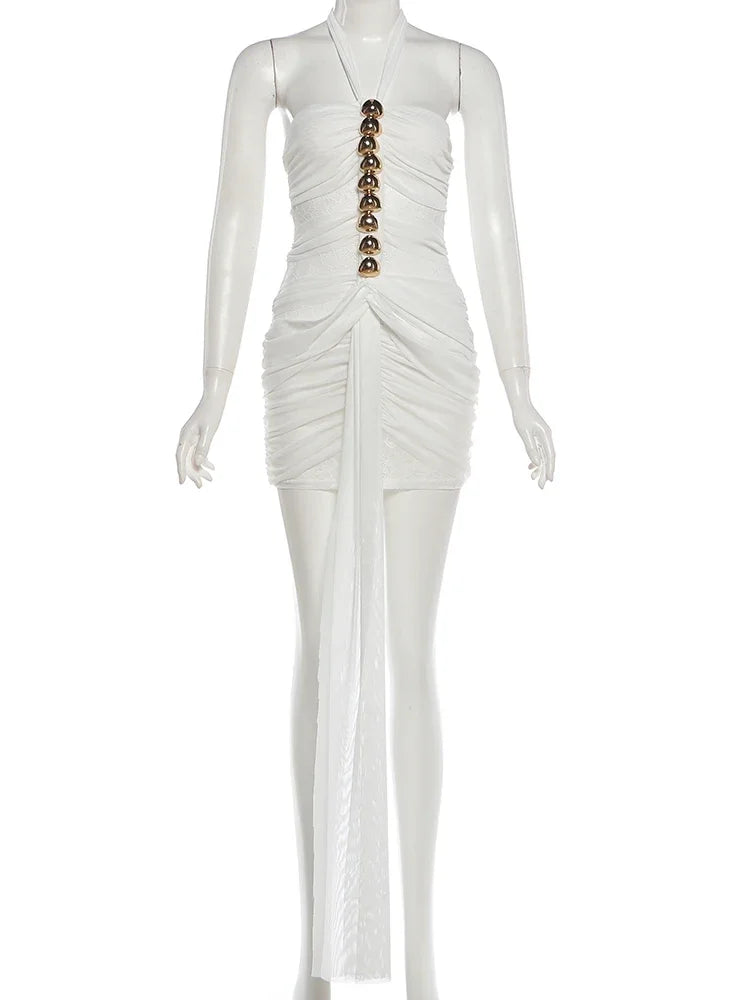 Women's Mesh Lace Ruched Backless Mini Dress