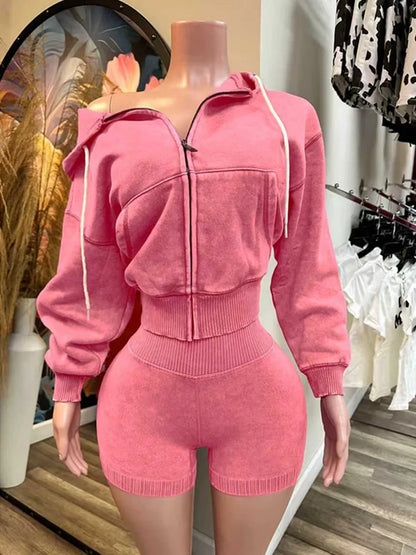Women's Long Sleeve Zip Hooded Two Piece Set