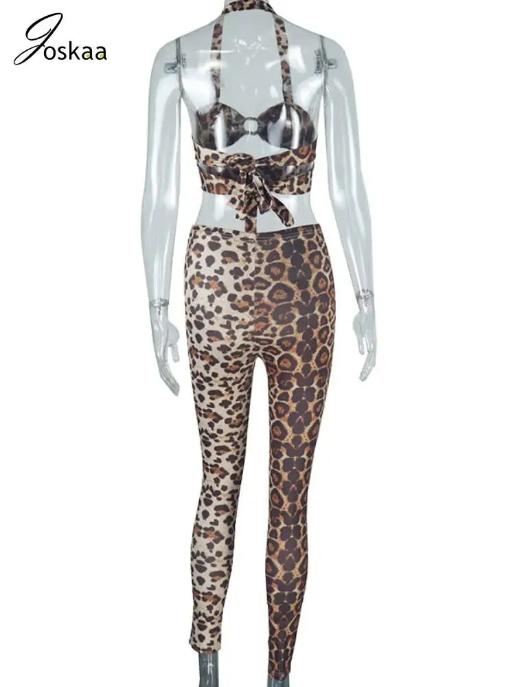 Women's Leopard Print Backless Halter Two Piece Set Leopard Print – Detail View