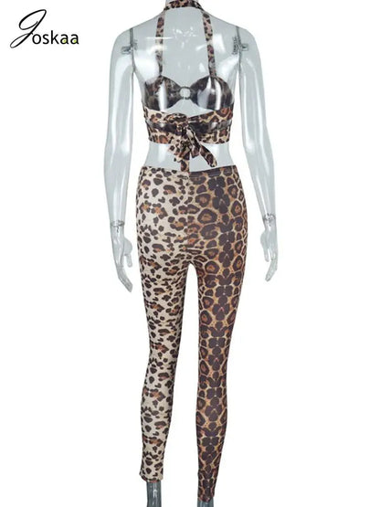 Women's Leopard Print Backless Halter Two Piece Set Leopard Print – Detail View
