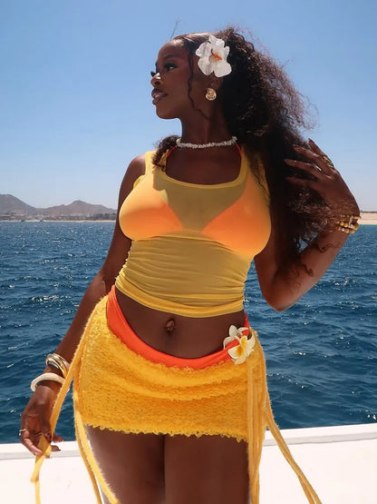 Women's Mesh Sleeveless Sheer Tank Square Top Yellow – Side View