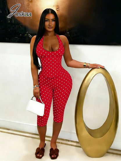 Women's Polka Dot Backless Halter Two Piece Set Black – Front View