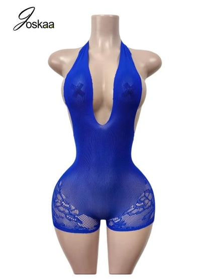 Women's Lace Backless V-neck Halter Romper - Back View